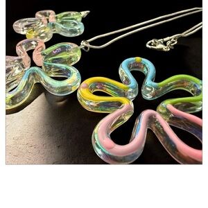 Pastel color resin Flower Pendant Necklace and Earrings set in sterling silver.
